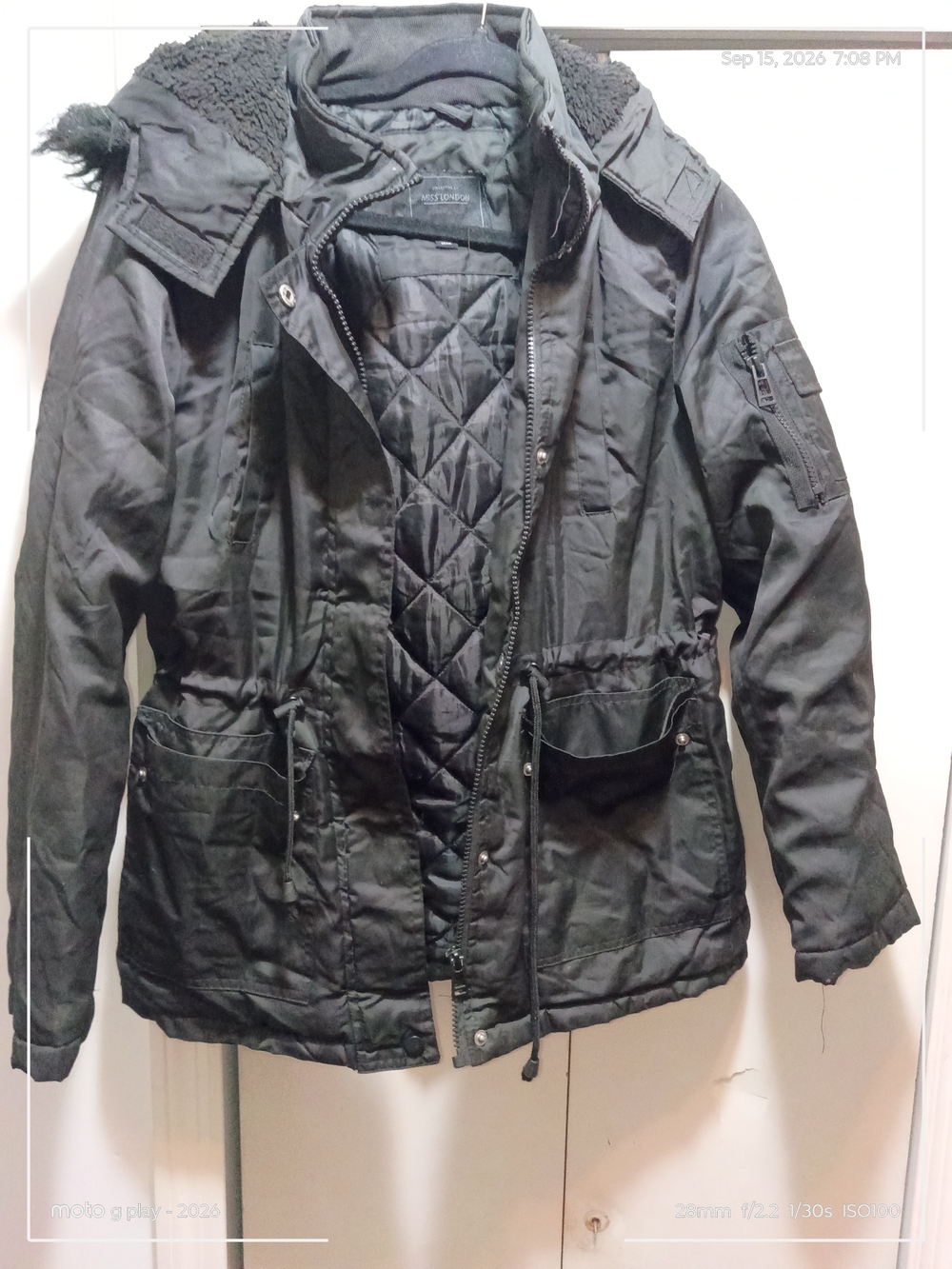 Miss London Black Quilted Utility Jacket with Hood